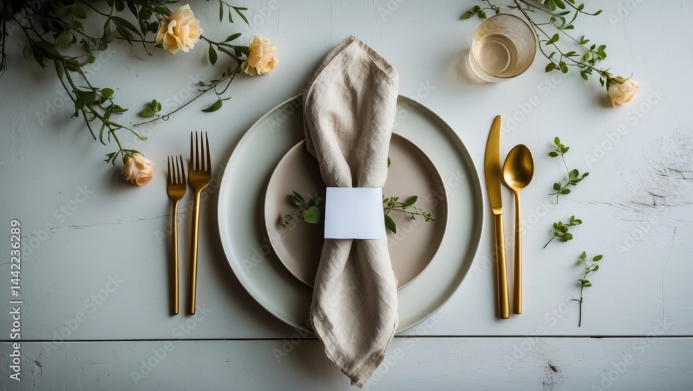 Poster design mockup showing an empty table with menu, plate, cutlery, napkin, and floral arrangement from 