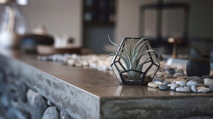 A close-up of a small air plant in a minimalist glass terrarium, sitting on a polished concrete counter surrounded by smooth stone textures