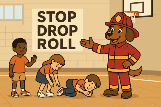 The scene combines a flat safety education setting with a mix of mascot entertainment and fire preparation advice