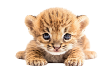 Adorable tiny spotted feline cub  Close-up view of a small, fluffy, golden-tan wild cat, with large expressive eyes and a sweet face