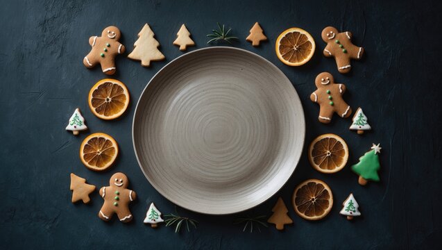 Ceramic plate with gingerbread cookies and embellishments displayed on a dark textured background