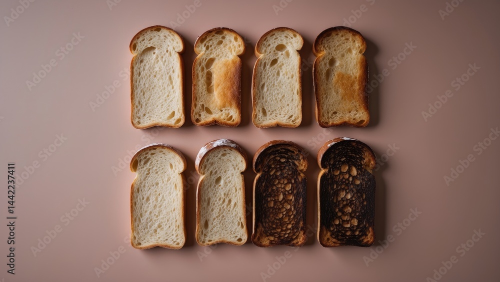 Poster a top-down shot showing bread toasts in different degrees of roasting, ending with a fully burnt sli