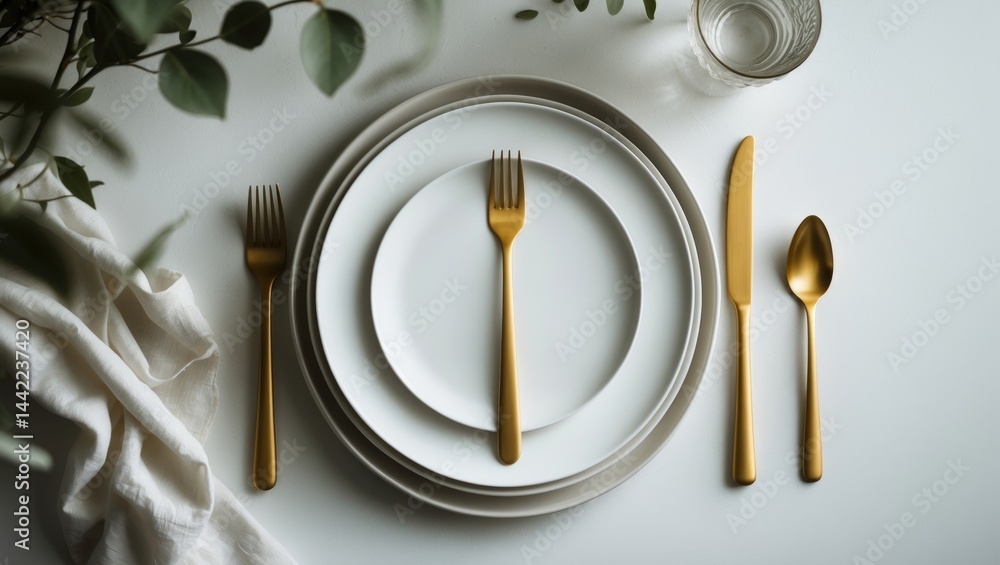 Poster Festive dining arrangement with an empty plate and cutlery on a light background, designed for menu serving concepts, top view perspective.