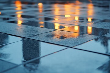 Wet tile reflects city lights