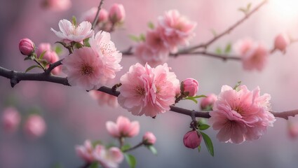 Obraz premium Delicate pink blossoms on a peach tree branch symbolizing tranquility and elegance