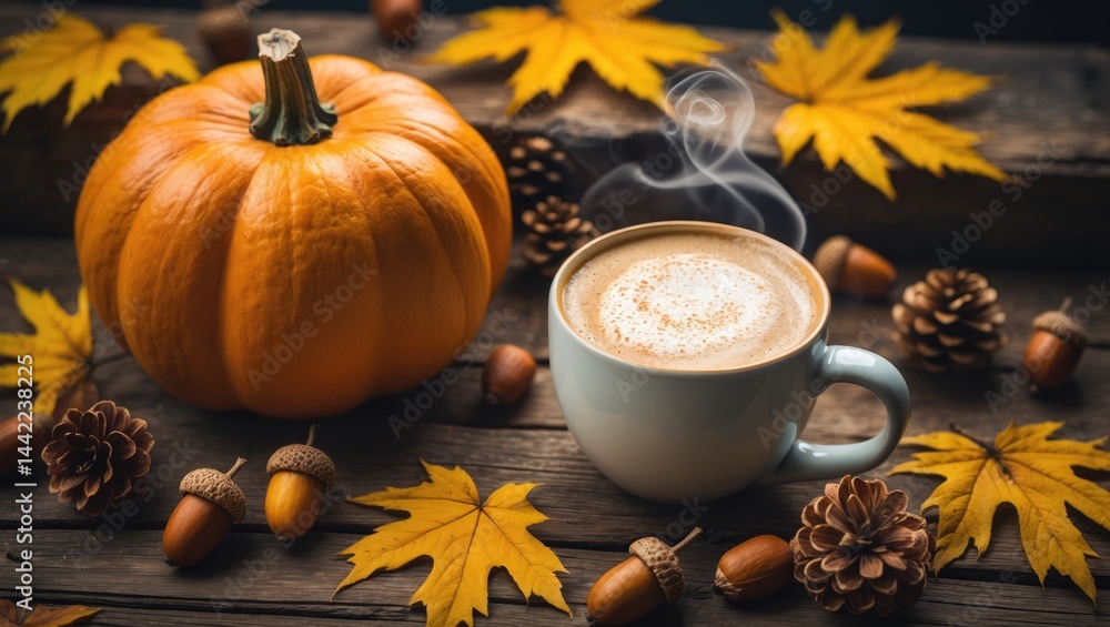 Poster Top-down view of a coffee mug and pumpkin chai latte with fall leaves on a table, flat lay arrangement with empty space