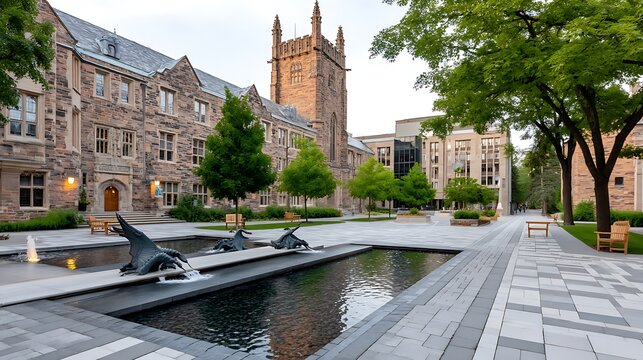 Tranquil University Courtyard with Fountains Stone Architecture and Lush Greenery