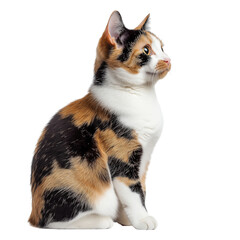 Side view of a calico cat sitting and looking up, transparent background, cut out, isolated with no shadow
