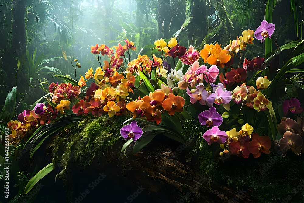 Poster lush display of orchids in a misty forest setting.