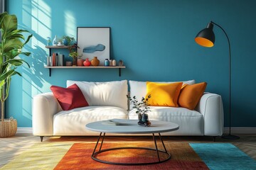 Bright and inviting living room with modern decor and vibrant colors in cozy urban apartment setting