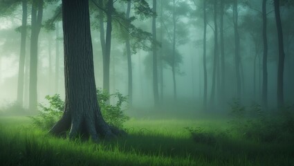 Fototapeta premium A misty forest establishes a mystical setting. Sunlight breaks through the leafy cover, showcasing the trees and the undergrowth. The air is rich with the sounds of chirping birds and the fragrance