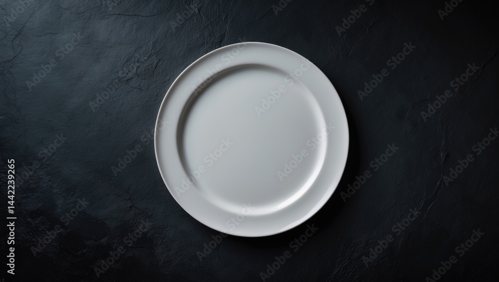 Poster Black background featuring an empty white plate viewed from above, flat lay with space for text