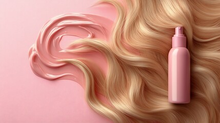 Luxury hair care product concept with pink bottle and blonde hair extensions