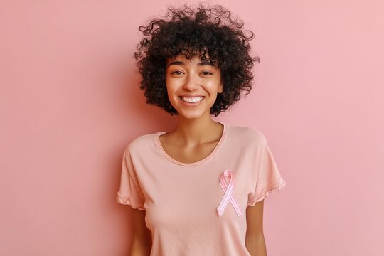 Portrait of an altruist, smiling mixed race woman in a pink T-shirt with a pink satin ribbon, symbol of International Breast Cancer Day. Educational program for the fight against cancer. 1 st October