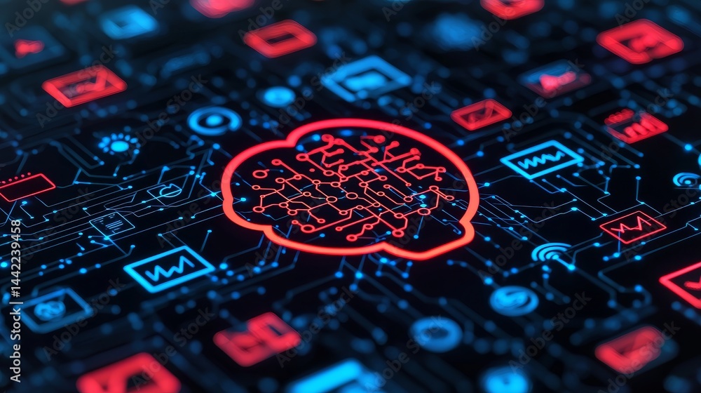Poster digital brain with circuit patterns and icons on a dark background.