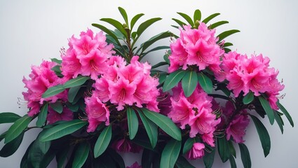 Pink rhododendron blossom isolated against white background, flat lay, top view