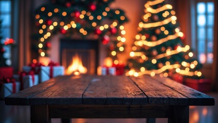 Obraz premium An empty wooden table in front of a softly blurred interior decor for