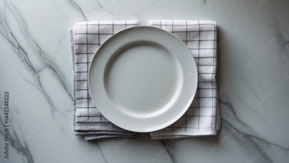 Poster table setting with empty white plate and napkin, flat arrangement