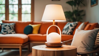Empty wooden settee with cushion and chair accents in lounge interior
