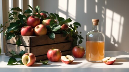 A sunny table with fresh apples, apple cider, juice, vinegar, or a fermented drink. Health and weight loss theme. Clean eating, body detoxification, apples support body cleansing.