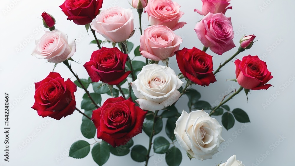 Poster Falling roses isolated against background featuring clipping path and complete depth of field