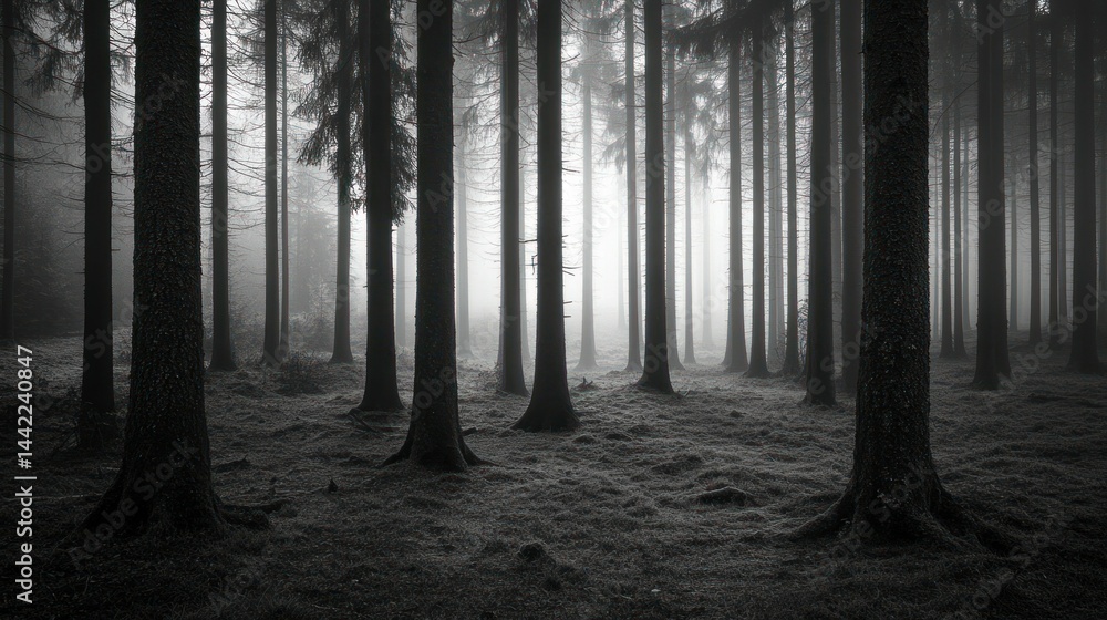 Poster dense forest with tall trees shrouded in atmospheric fog and mist