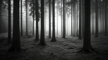 Naklejka premium Dense forest with tall trees shrouded in atmospheric fog and mist