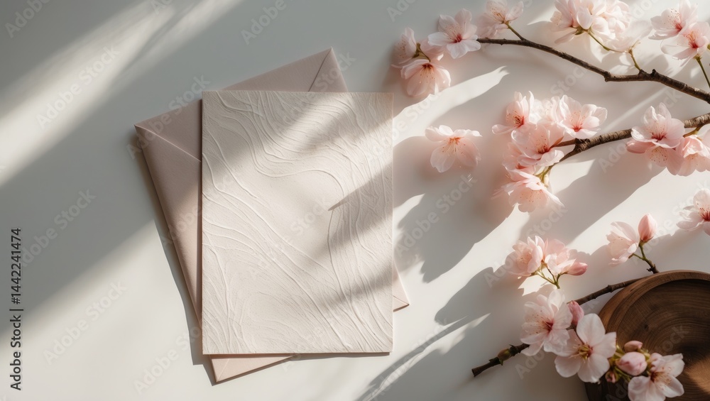 Poster feminine spring wedding stock photo showing a desktop mockup with blossoming branch and blank greeti