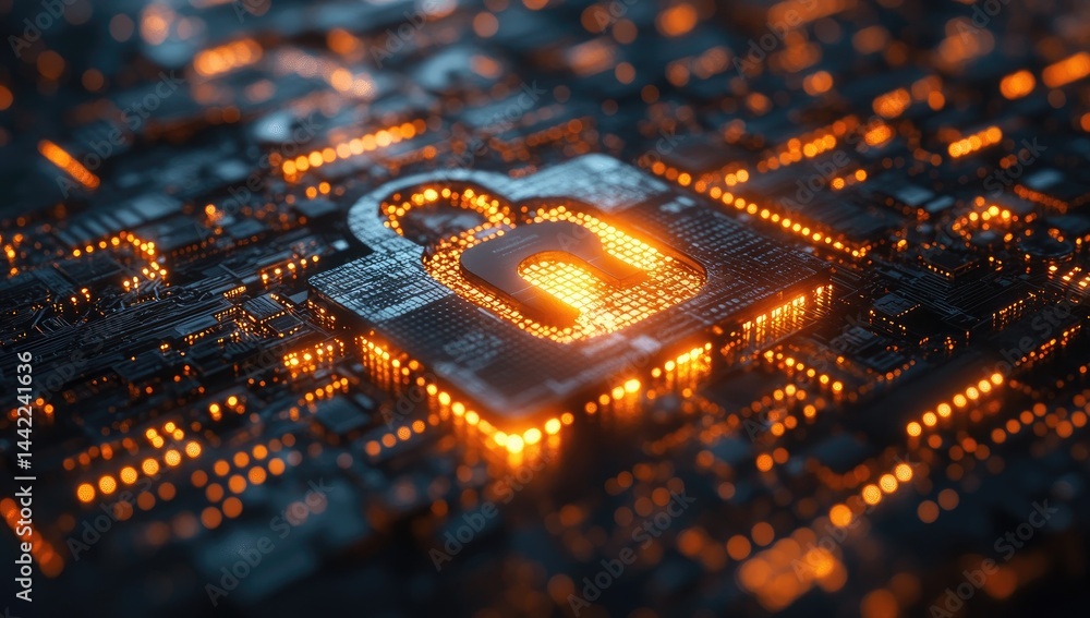 Poster digital security lock symbol on circuit board.