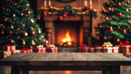 Unoccupied wooden surface set against a hazy background with a tree, gifts, and a fireplace; free area for your decorative touches