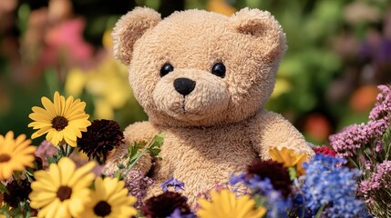 Obraz premium Adorable Teddy Bear Surrounded by Beautiful Flowers, Perfect for Celebrations and Heartfelt Gifts