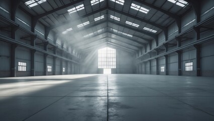 Obraz premium Extensive gray and illuminated warehouse with a metallic roof