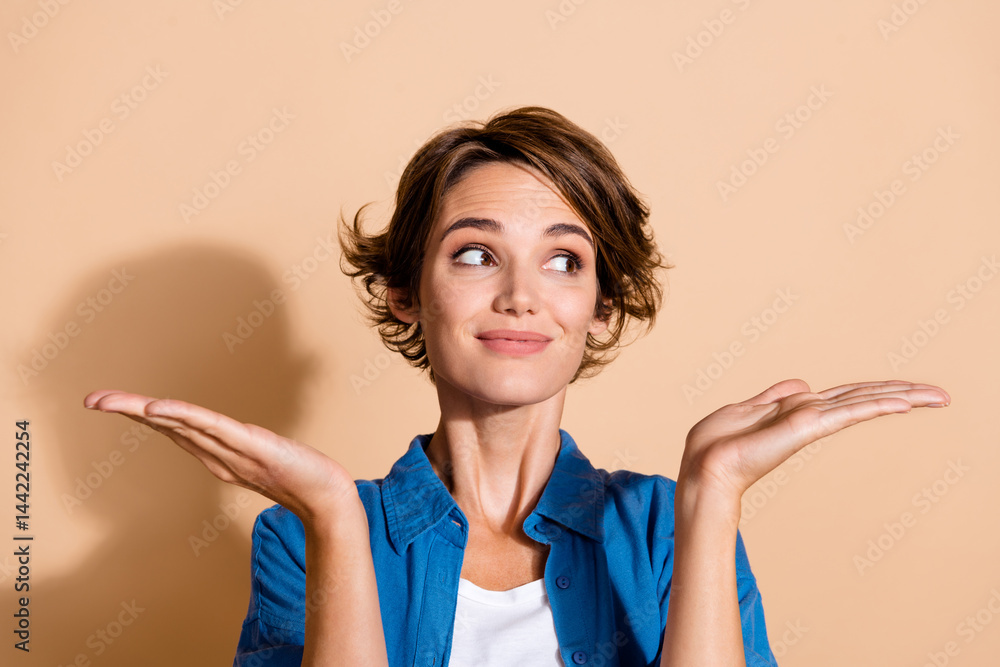 Poster portrait of young manager choosing marketing strategy holding on two arms empty space choose solutio