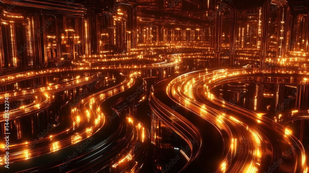 Poster an abstract futuristic city with winding illuminated pathways and structures