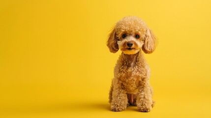 Cute Poodle Sitting Against Bright Yellow Background