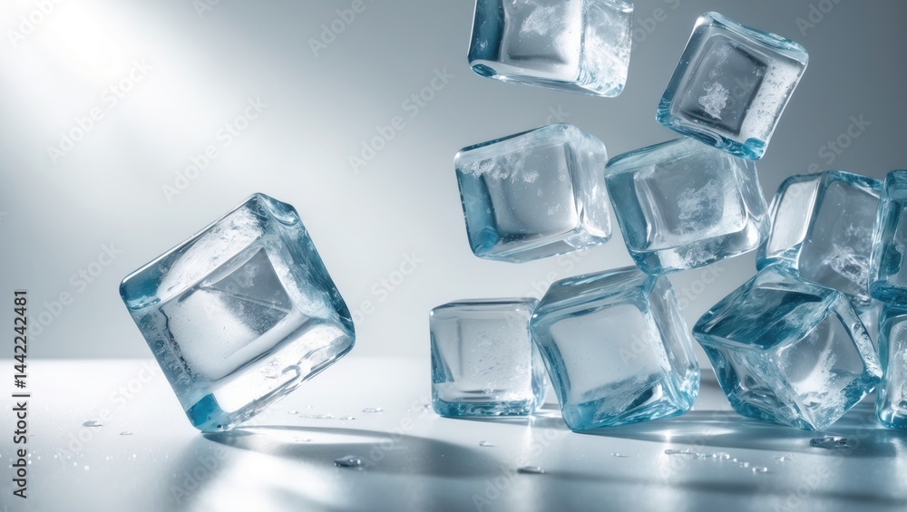 Fototapete ice cube in free fall, isolated on background, featuring a clipping path and full depth of field