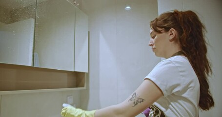 A young woman with long brown hair tied back cleans a bathroom mirror using cleaning spray and a purple cloth. She wears yellow rubber gloves and a striped gray apron.