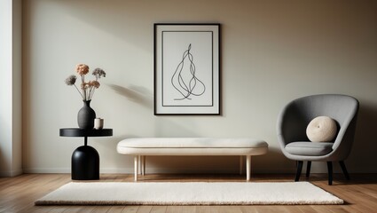 Composition of a minimalist living room with an aesthetic touch, including a mock up poster frame, gray armchair, dried flower vase, round pillow, and personal accessories
