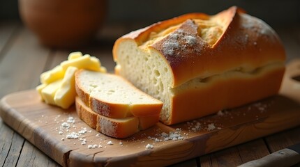 Rustic bread and butter on cutting board