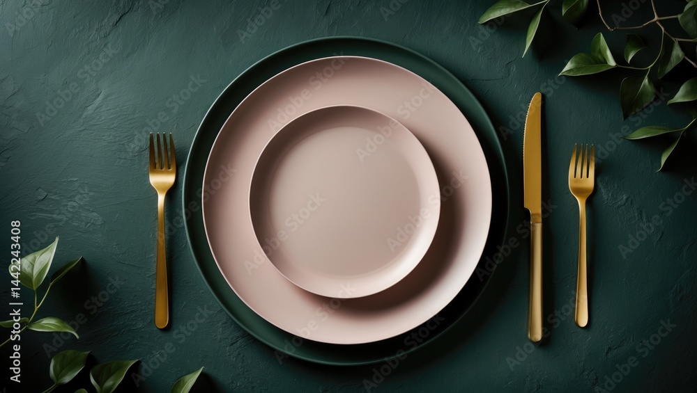 Poster Flat design table setting featuring an empty beige plate, golden fork, and knife on a background, top view with copy space