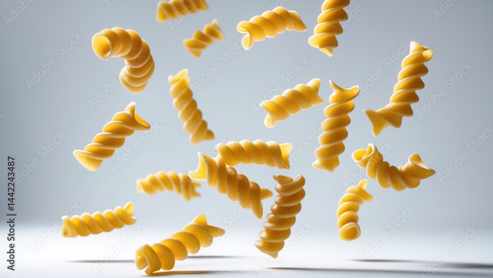 Poster Falling Uncooked Fusilli and Rotini Pasta, Isolated Against White Background with Clipping Path and Full Depth of Field