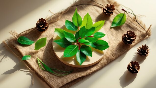 Photography showcasing circular wooden coasters with leaf embellishments on a mock-up-friendly background