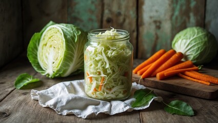 Obraz premium Jar of sauerkraut open on a napkin with sliced cabbage and carrots behind, next to a leaf, close-up on a white wooden background, homemade fermented food.