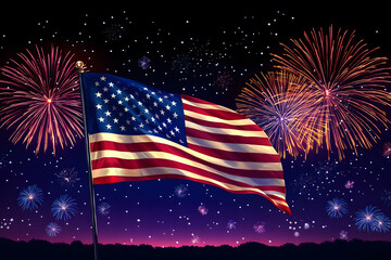 A vibrant display of fireworks lights up the dark sky while the American flag waves proudly
