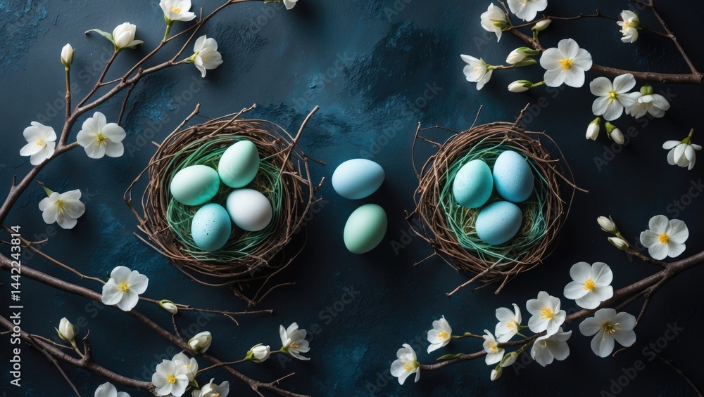 Poster colorful easter eggs set against a dark backdrop with flowering branches, ideal for horizontal web b