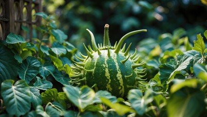 Horned melon plant with lively green fruit shielded by horn-shaped spines planted