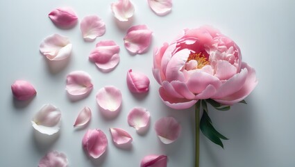 Fototapeta premium Isolated pink peony flower on white background featuring pattern and a stunning top view of peony bud in flat lay style