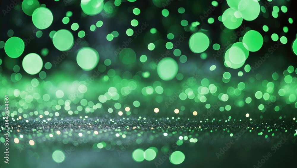 Poster texture-rich festive background with shimmering green lights. defocused bright bokeh and falling sta