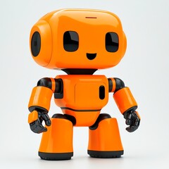 Robot toy stands cheerfully with vibrant orange color and sleek black accents in a playful pose inside a bright studio setting