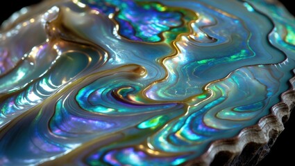 Close-up macro view of an abalone pearl shell revealing its striking iridescent layers.